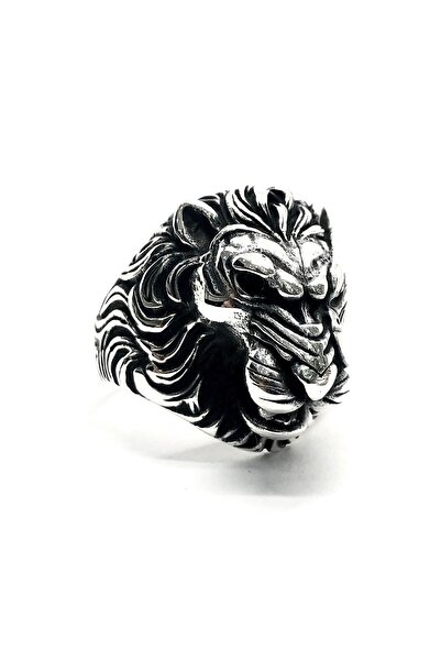 Ebrar Silver Aslan Başlı Gümüş Erkek Yüzüğü 925 Ayar Gümüş Aslanlı Erkek Yüzük