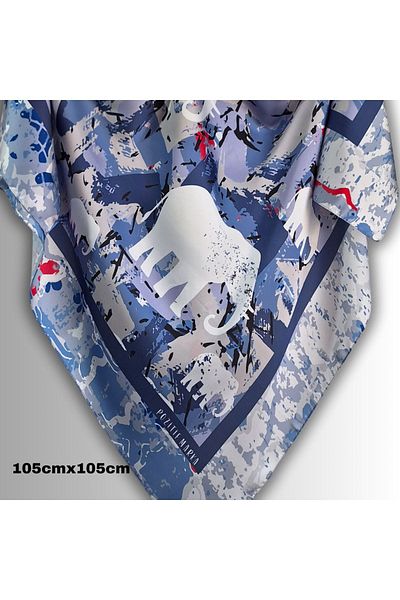 POZİTİF MRK Gray Scarf Silky Design Gray Elephant Patterned Blue Gray White 105cmx105cm