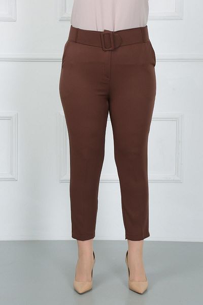 By Alba Collection Women's Brown Thick Belted Dumbbell Plus Size Trousers