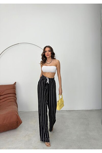 Know Černé pruhované kalhoty s širokým elastickým pasem džínového vzhledu