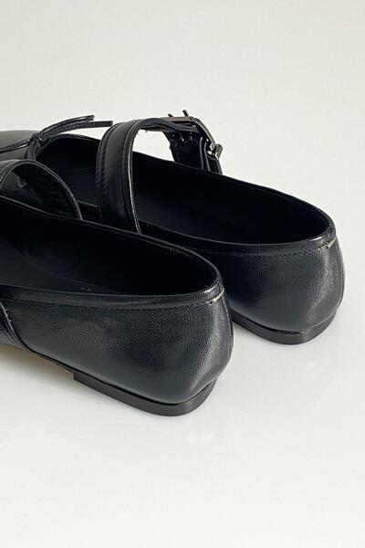 5in1Canpolat Square Toe Black Ballerinas - With Buckle