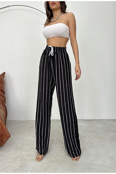 Know Black Striped Wide Leg Elastic Waist Denim Look Trousers