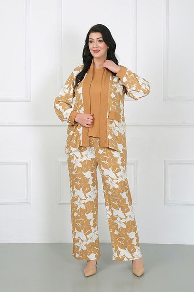 By Alba Collection Дамски комплект от 3 части, плетена риза, блуза и панталон, цвят горчица и ликра