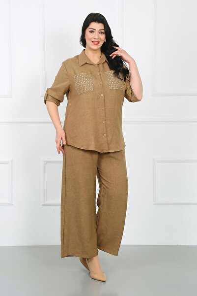 By Alba Collection Γυναικείο πουκάμισο σε ανοιχτό καφέ πέτρινο Λεπτομερές μαλακό λινό μεγάλο μέγεθος