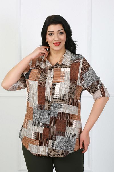 By Alba Collection Дамска памучна вискозна риза с кафяви шарки с голям размер