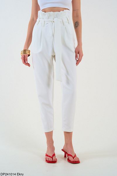 Liora Ecru Women's Trousers - High Waist and Belted