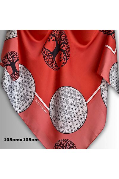 POZİTİF MRK Red Scarf Design Flower of Life Tree of Life Symbol Pattern Red 105Cmx105Cm