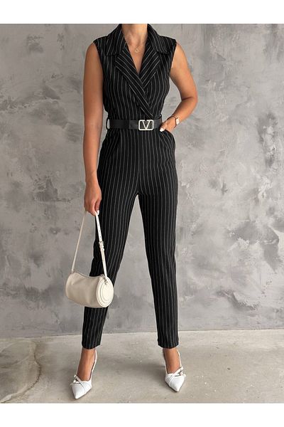 GALAVİP Black Vertical Striped Double Breasted Belted Jumpsuit - Jacket Collar, Zero Sleeve