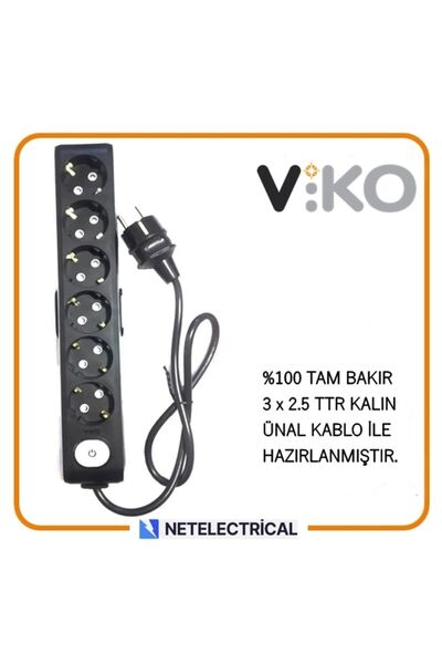 VİKO Multi-let Siyah 6'lı 7 Metre Anahtarlı Topraklı Ç K. Grup Priz (3x2.5 TT...