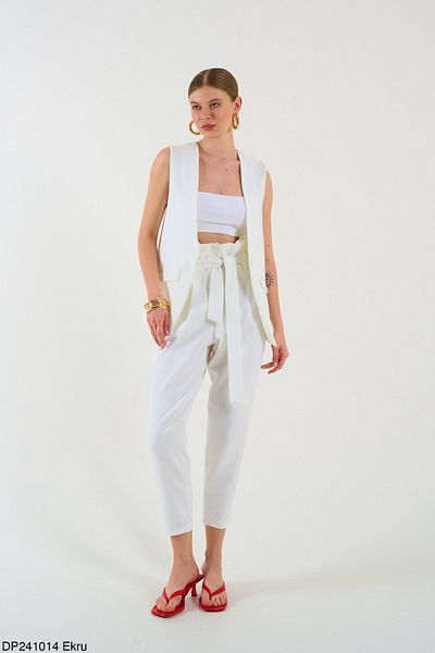 Liora Ecru Women's Trousers - High Waist and Belted