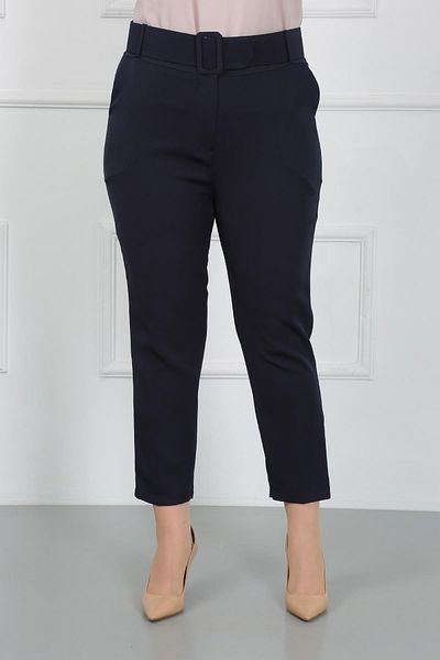 By Alba Collection Women's Navy Blue Thick Belted Dumbbell Large Size Pants