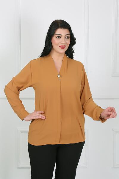 By Alba Collection Γυναικείο υφασμάτινο πουκάμισο με μουστάρδα με λεπτομέρεια καρφίτσας Dubai