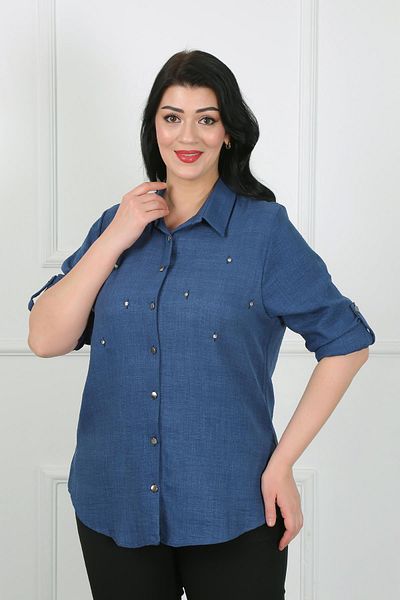 By Alba Collection Cămașă de damă, albastru bleumarin, cu bijuterii din in moale
