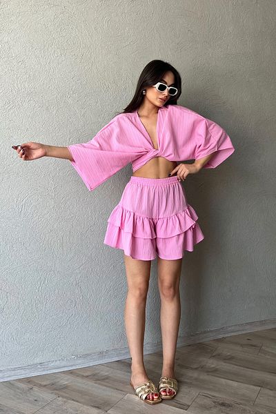 Seda Yalçın Atelier Pink Mikonos Crop Top and Frilly Skirt Set