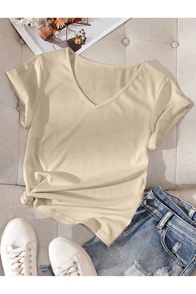 FAVORİST T-shirt V-Neck Basic Cotton Wear Out - Απλό σχέδιο