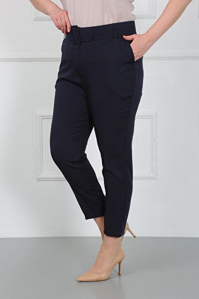 By Alba Collection Women's Navy Blue Thick Belted Dumbbell Large Size Pants