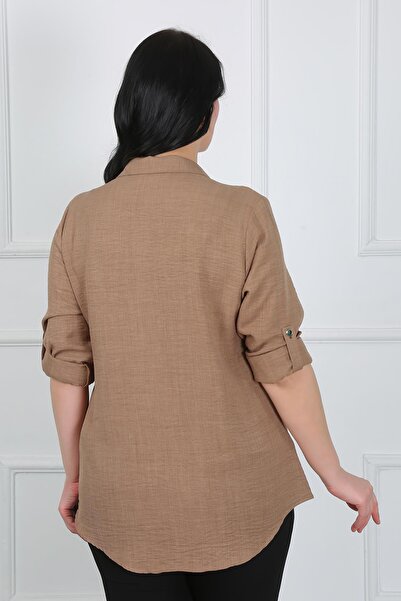 By Alba Collection Γυναικείο πουκάμισο σε ανοιχτό καφέ πέτρα από μαλακό λινό Plus Size