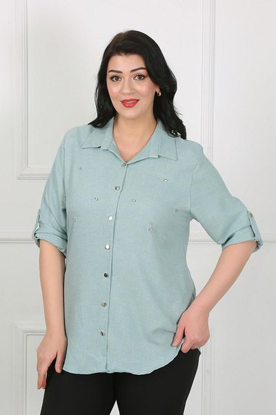 By Alba Collection Дамска ментово зелена риза от мек лен с големи размери