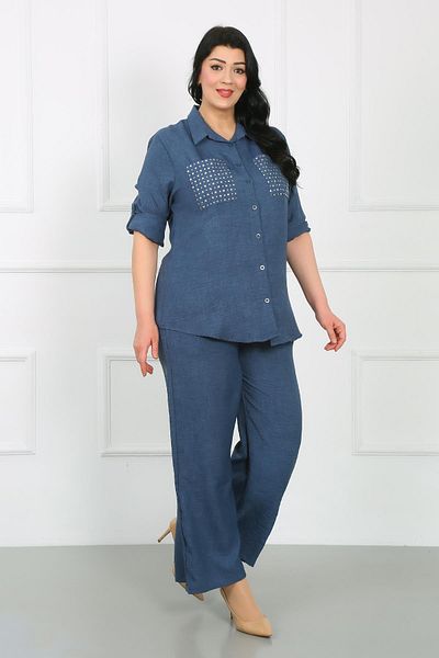 By Alba Collection Тъмносиня дамска риза с голям размер от мек лен с детайли