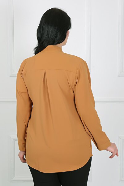 By Alba Collection Women's Mustard Brooch Detail Dubai Fabric Shirt