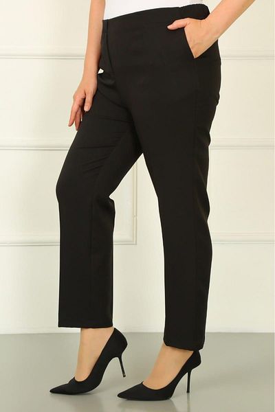 By Alba Collection Women's Black Elastic Waist Dumbbell Fabric Plus Size Trousers