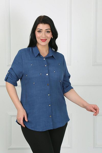 By Alba Collection Cămașă de damă, albastru bleumarin, cu bijuterii din in moale