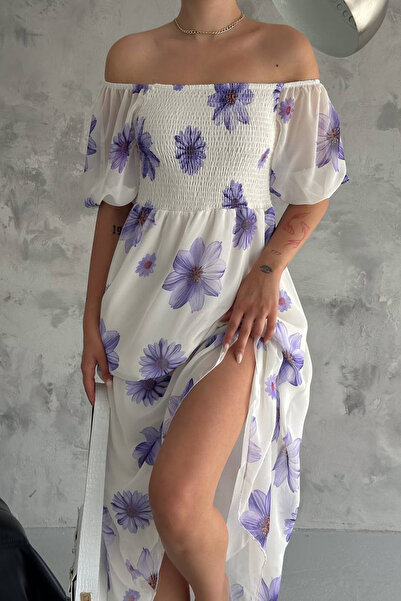 Neşeli Butik kadın gipeli madonna yaka astarlı şifon elbise NBQ007