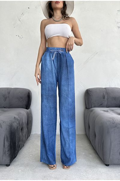 Trendseninle Pantaloni albaștri cu aspect denim cu talie elastică
