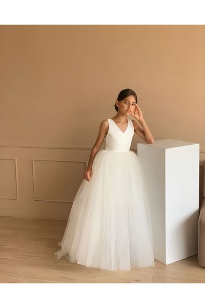 nsmkidslife Κοριτσίστικο Λευκό Μακρύ Σχέδιο Βραδινό Φόρεμα Αποφοίτησης