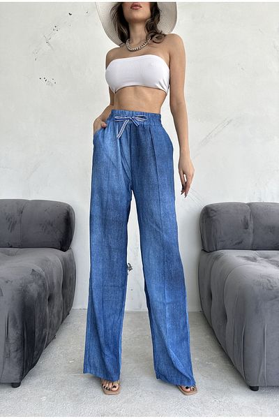 Trendseninle Pantaloni albaștri cu aspect denim cu talie elastică