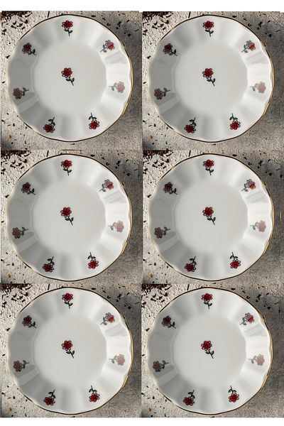 AYBABA STORE 6-Piece 11 CM Red Floral Patterned Porcelain Tea Plate