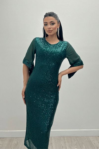 Phoenix Women Crew Neck Midi Evening Dress - Sequined