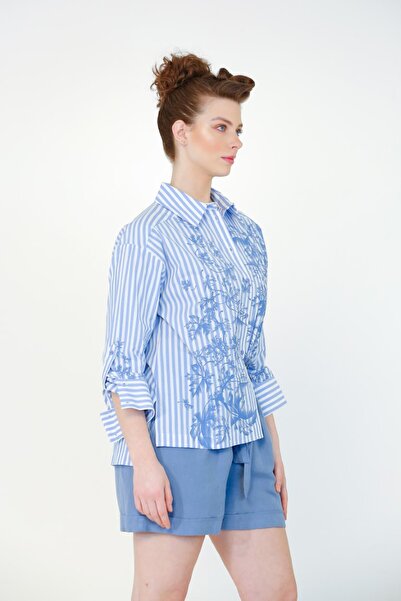 BİZE Çizgi Baskılı Gömlek - Mavi