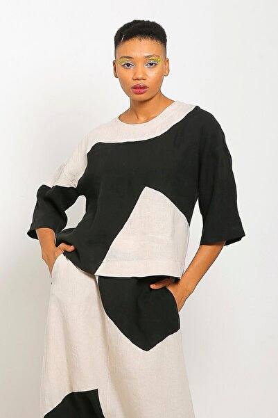 BİZE Keten İki Renkli Bluz - Bej