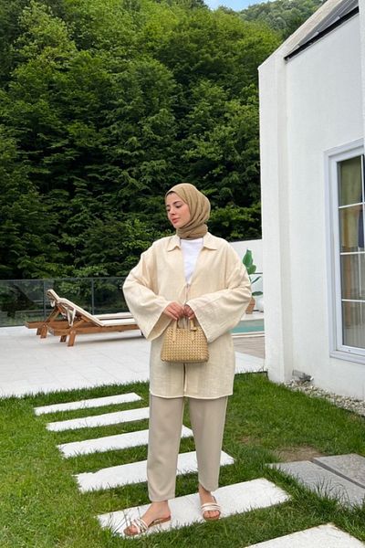 My Blog Steinfarbene Kimonobluse aus Leinen – 100 % Leinen, Schnürdetail
