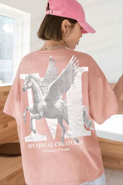 Teenage Millionaire Pegasus Printed Women's Oversize T-Shirt - Salmon Color, Crew Neck