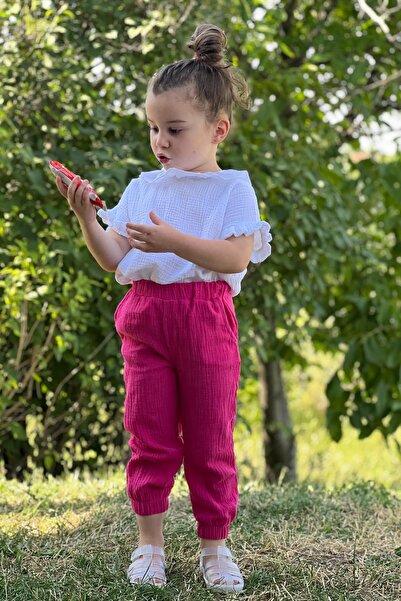 meqlife Unisex Çocuk Müslin Kumaş pantolon Cepli Pacası Latikli Pantolon Fuşya