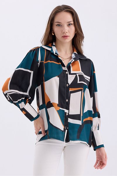 MD trend Cămașă de damă din satin supradimensionat cu modele geometrice - Detaliu cu mânecă cu balon și pe umeri