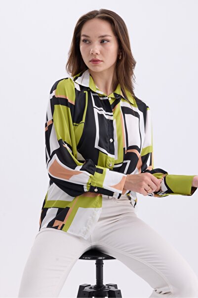 MD trend Geometric Patterned Oversize Satin Women's Shirt - Balloon Sleeve and Shoulder Shir Detail