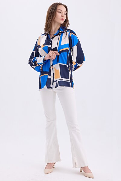 MD trend Geometric Patterned Oversize Satin Women's Shirt - Balloon Sleeve and Shoulder Shir Detail