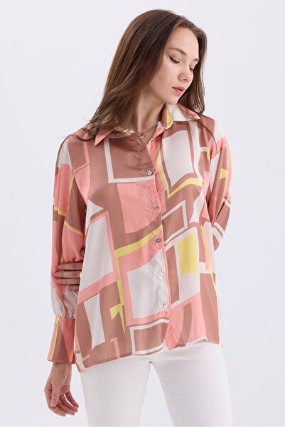 MD trend Geometric Patterned Oversize Satin Women's Shirt - Balloon Sleeve and Shoulder Shir Detail