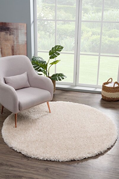 Eryün Halı Düz Açık Bej Yumuşak Post- Peluş Shaggy Modern Dokuma Halısı ( Yuvarlak Modeli)