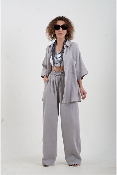 Zelish My Sister Σετ γκρι μουσελίνα πουκάμισο και φαρδύ παντελόνι