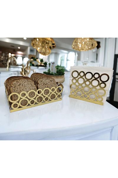 decorelax Gold Color Set of 2 - Bread Basket and Napkin Holder
