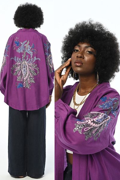 FEMELLE Kimono oversize pentru femei de culoare prune - cu paiete și detalii de broderie, mărime standard
