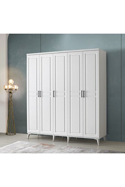 GuneyStore Ücretsiz Montaj Komple Mdf Sport 5 Kapaklı Beyaz Gardırop Elbise Dolabı Gardolap