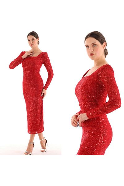 CİXAPLE Sequined Square Collar Evening Dress