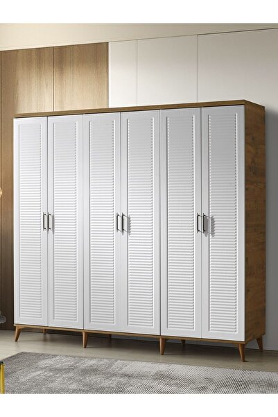 GuneyStore Ücretsiz Montaj Paris 6 Kapaklı Komple Mdf Atlantik Çam-beyaz Gardırop Elbise Dolabı