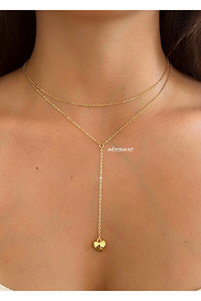 aksesuaris Gold Zincir Kalp Dekolte Kolye