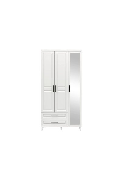 GuneyStore Ücretsiz Montaj Komple MDF Gözde 3 Kapaklı Aynalı Çekmeceli Beyaz Gardırop